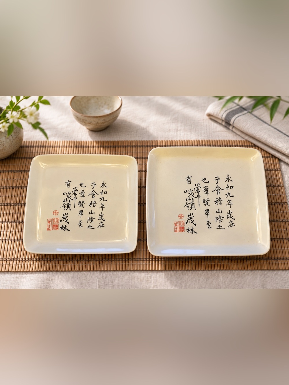 Set of 2 Cream Square Ceramic Plates Asian Calligraphy Red Seal